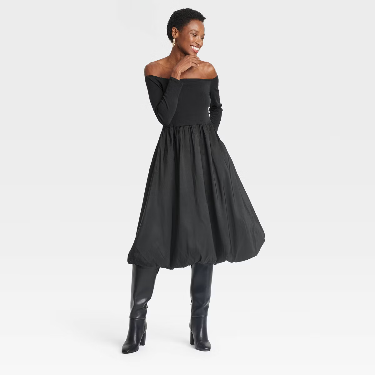 Women's Long Sleeve Midi Empire Waist Dress - A New Day™ Black XL | Target