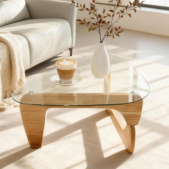 Morden Coffee Table,Glass Coffee Table with Natural Wood Legs,42.5" x 28.5" x 16" Triangle Temper... | Amazon (US)