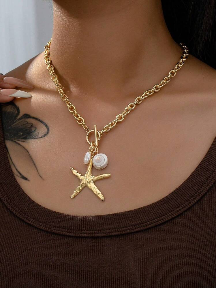 1 Pc Starfish Shell Conch Decor Pendant Chain Necklace , Spring Summer Vocation Beachy Necklace Jewelry | SHEIN