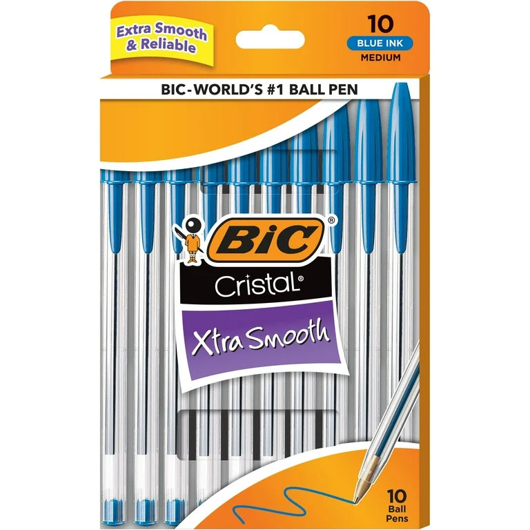 BIC Cristal Xtra Smooth Stic Blue Ball Pens, Medium Point, 1.0mm, 10-Count Pack - Walmart.com | Walmart (US)