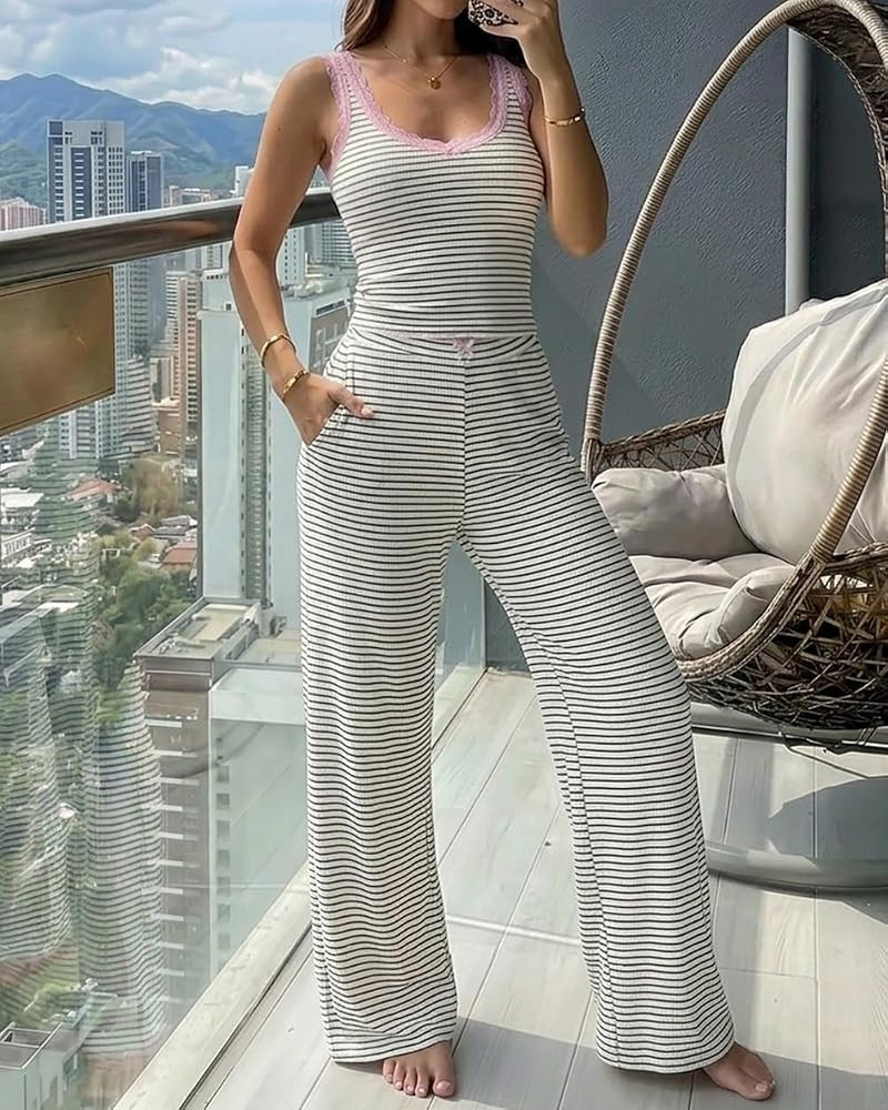 CHICME Women's 2 Piece Striped Knit Pajama Set Lounge | Amazon (US)