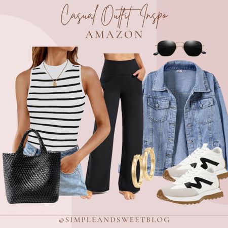 Amazon spring casual outfit inspiration. Love these comfy pants paired with a stripe tank and a denim jacket! Top it off with some cute accessories! 

#FoundItOnAmazon #FoundItOnAmazonFashion #AmazonFashion

#LTKSeasonal #LTKstyletip #LTKfindsunder50