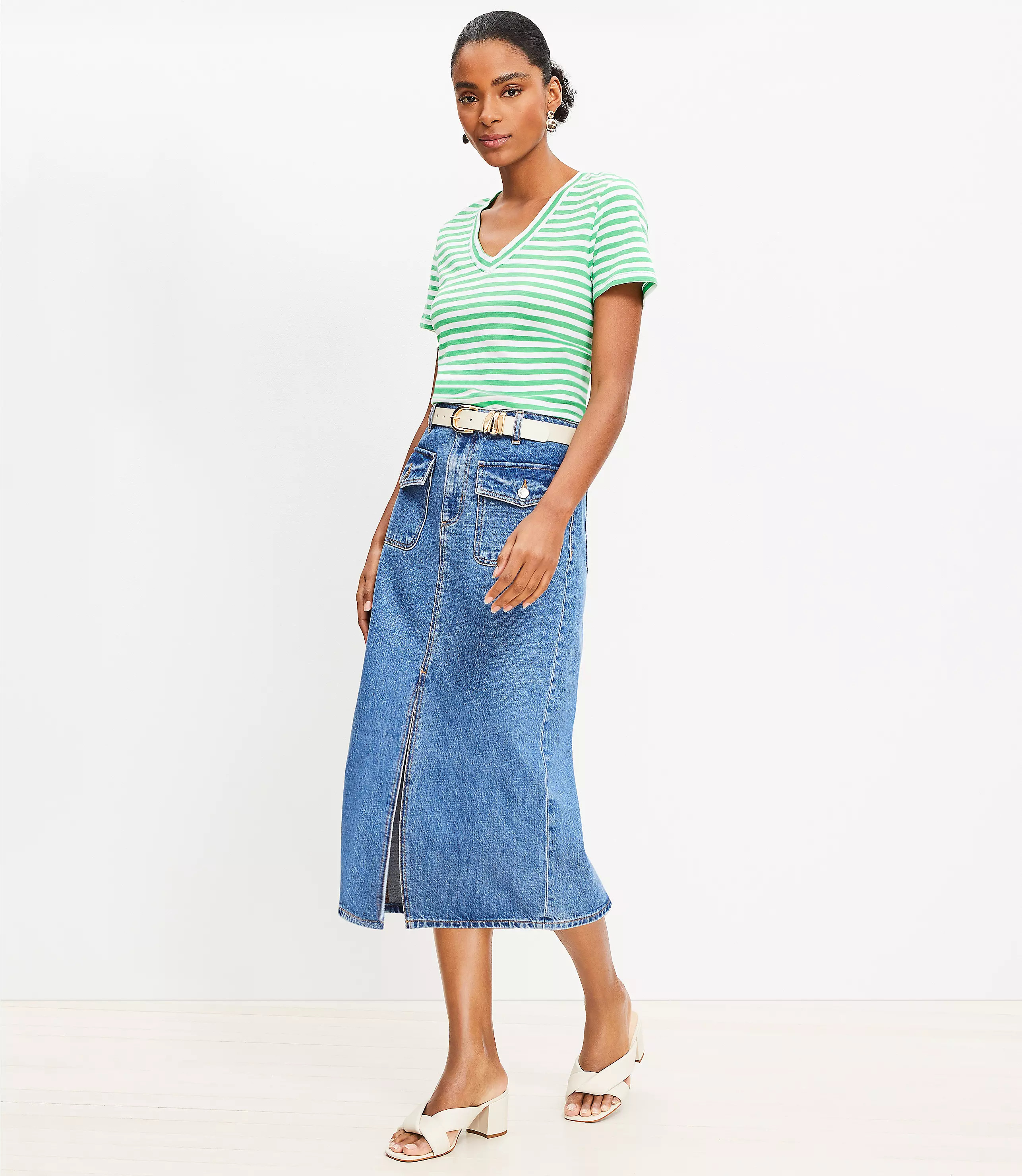 Patch Pocket Denim Midi Skirt in Classic Mid Wash | LOFT