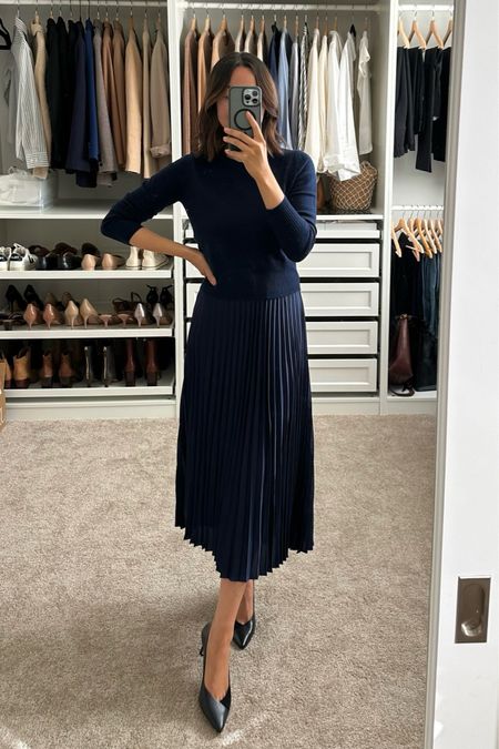 Spring workout with a skirt // skirt on sale during J.crew’s annual spring sale 

Jcrew pleated midi skirt - color navy, runs large! Wearing xs but should have gotten an xxs 
Cashmere shrunken sweater xs - this is a great option to wear with bottoms of you prefer not to tuck in sweaters 

#LTKsalealert #LTKstyletip #LTKworkwear