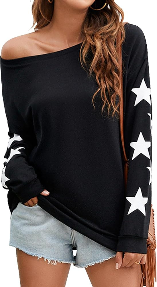 Blooming Jelly Womens Off The Shoulder Sweater Knit Pullover Long Sleeve Star Print Lightweight C... | Amazon (US)