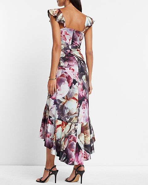 Satin Floral Print Ruffle Hi-Lo Maxi Dress | Express