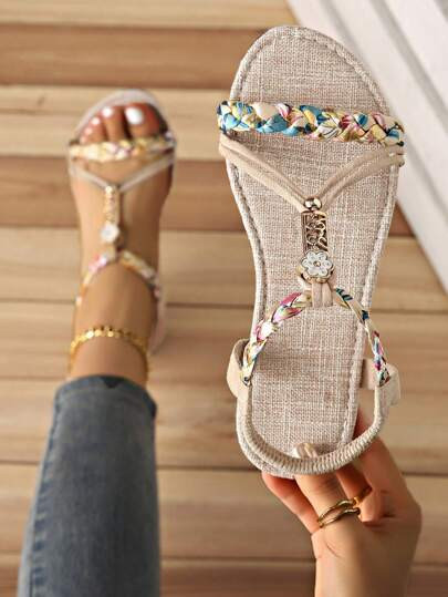 Plus Size Bohemia Style Beaded Woven Retro Roman Sandals, Summer Beach Women Shoes Wide Fit | SHEIN
