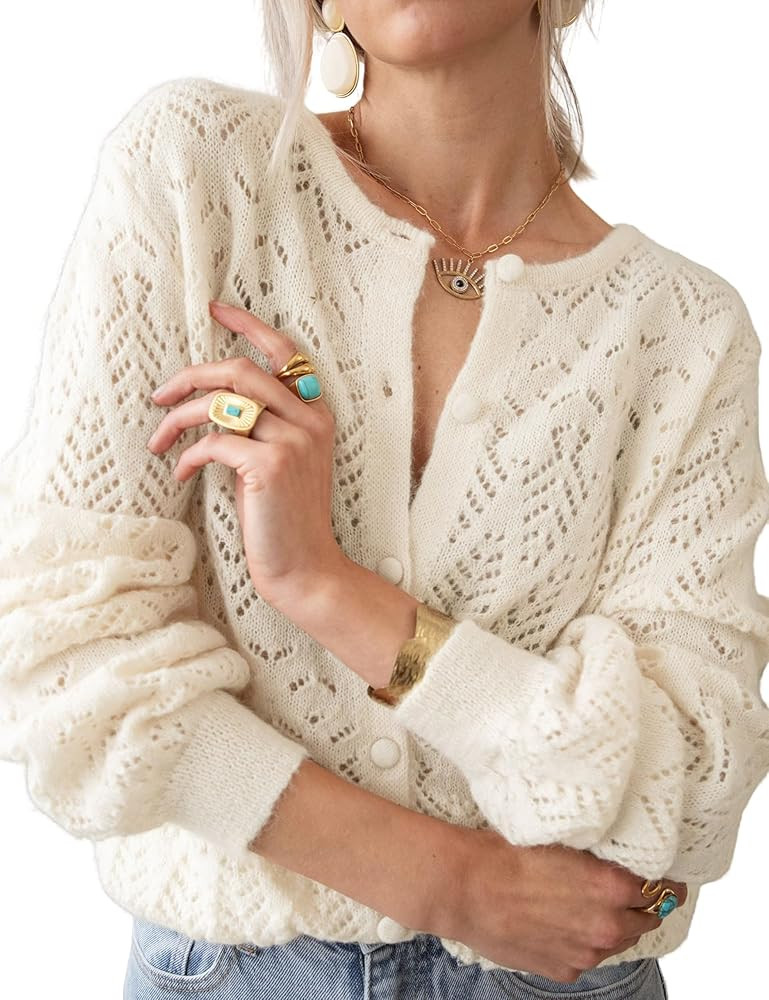 Womens Lightweight Crochet Cardigan Long Sleeve Fancy Openwork Knit Sweater Reversible Jumper | Amazon (US)