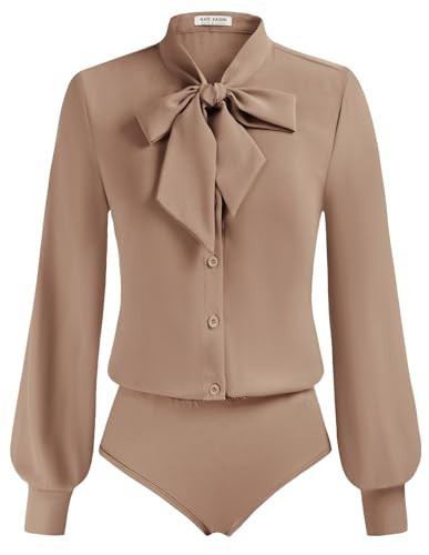 Kate Kasin Womens Button Down Shirt Business Casual Work Professional Blouse Dress Casual Bow Tie Neck Bodysuit Tops Camel L | Amazon (US)
