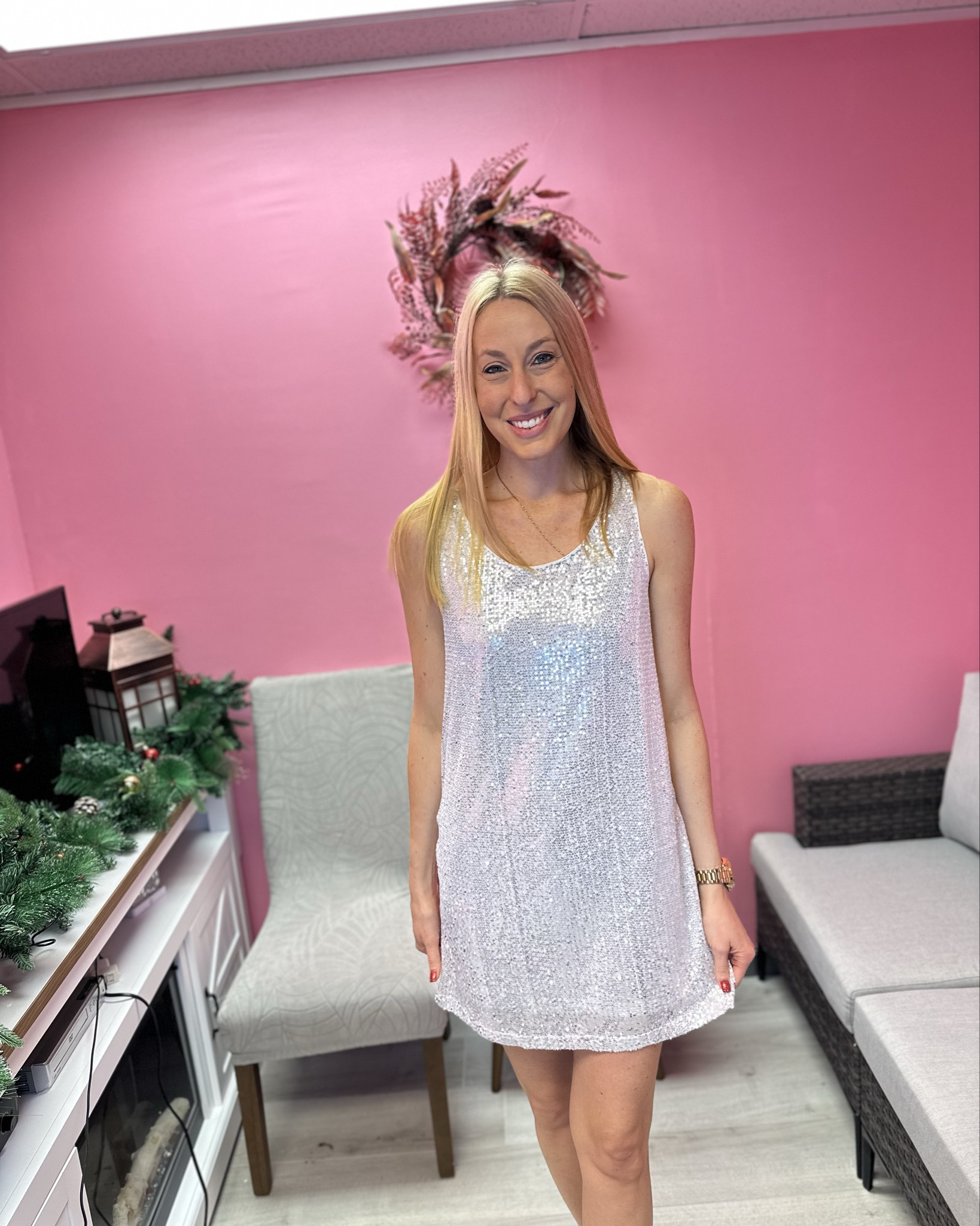 Silver sequin nye dress
🤍 this is a loose fitting dress and covered in sparkle 
🤍it does have some stretch 
🤍 fits true to size, wearing size small and I am 5’10”

#LTKFindsUnder50 #LTKHoliday #LTKTall