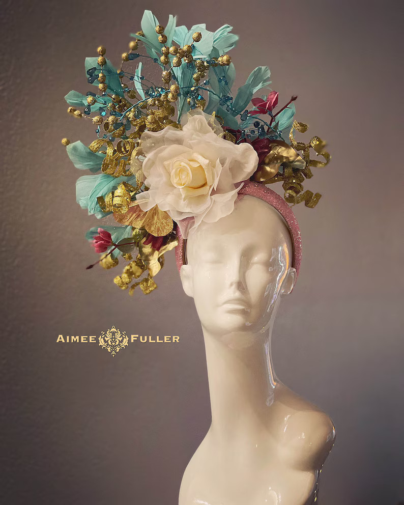 Kentucky Derby Fascinator, Pink Dark Violet Floral Hat, Gold Butterfly Turquoise Aqua Blue High T... | Etsy (US)
