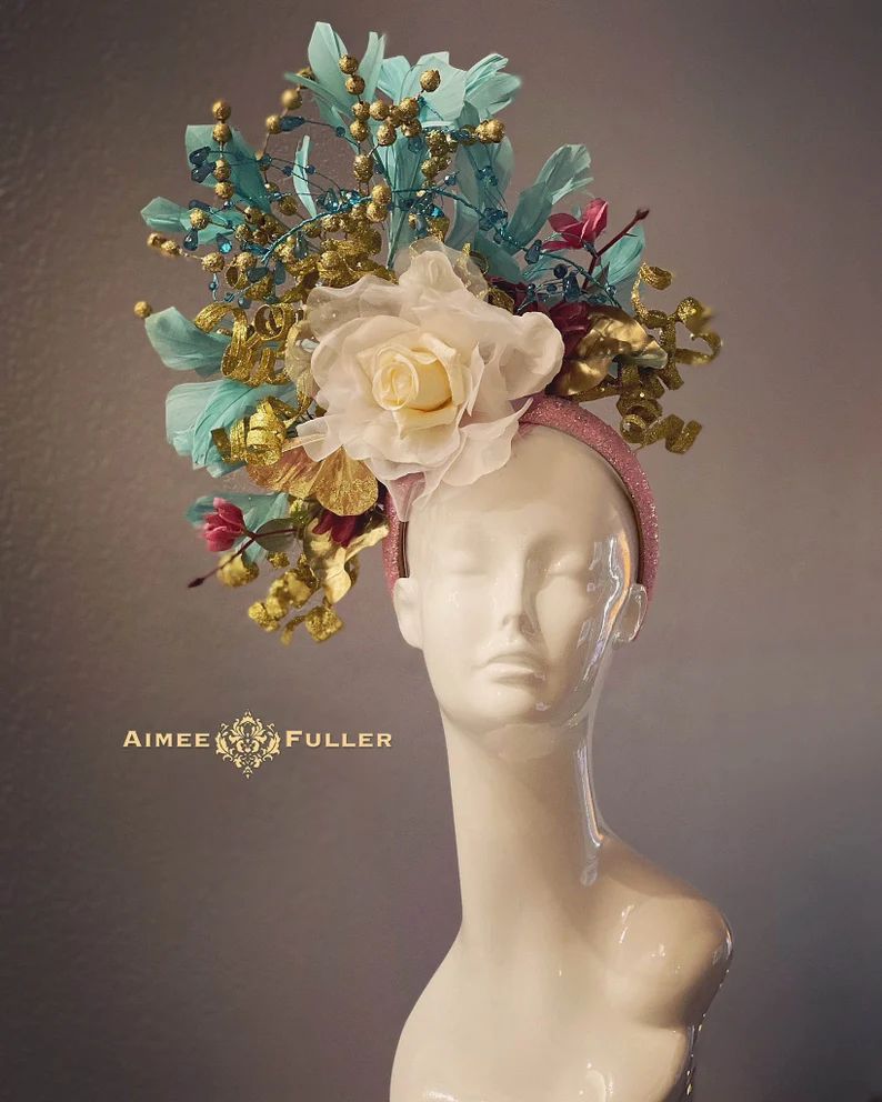 Kentucky Derby Fascinator, Pink Dark Violet Floral Hat, Gold Butterfly Turquoise Aqua Blue High T... | Etsy (US)