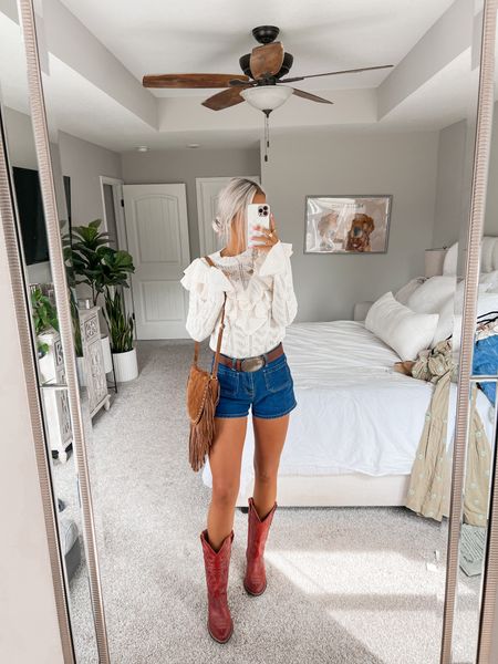 shorts are the ones linked from bohme but the target ones are similar! in a small in the sweater top 
code: KIRA20 for the purse 
red cowgirl boots for fall 

#LTKSeasonal #LTKstyletip #LTKshoecrush
