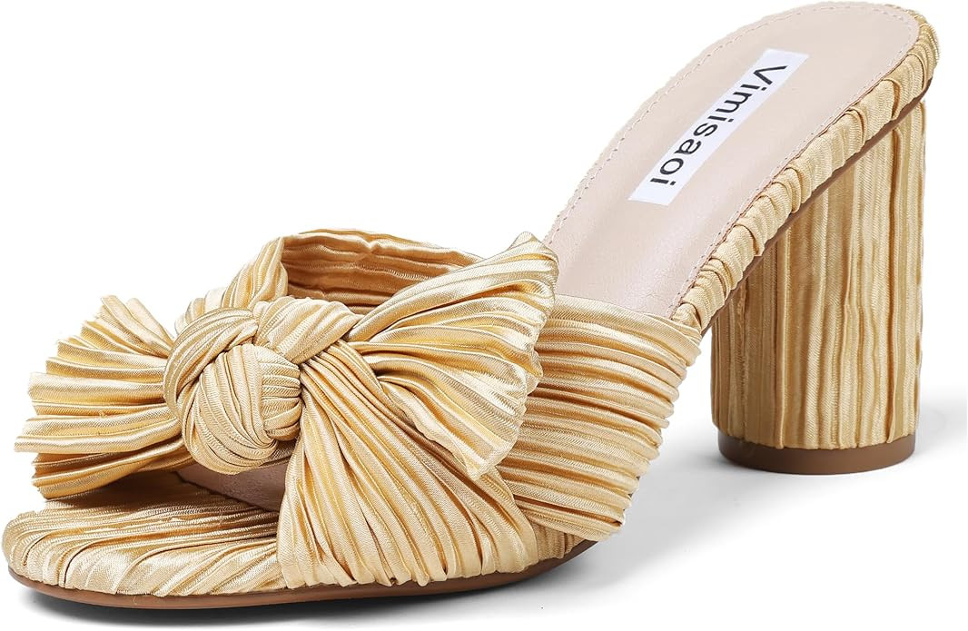 VIMISAOI Womens Bow Heels High Block Chunky Slide Sandals Open Toe Ankle Strap Wedding Dress Pump... | Amazon (US)