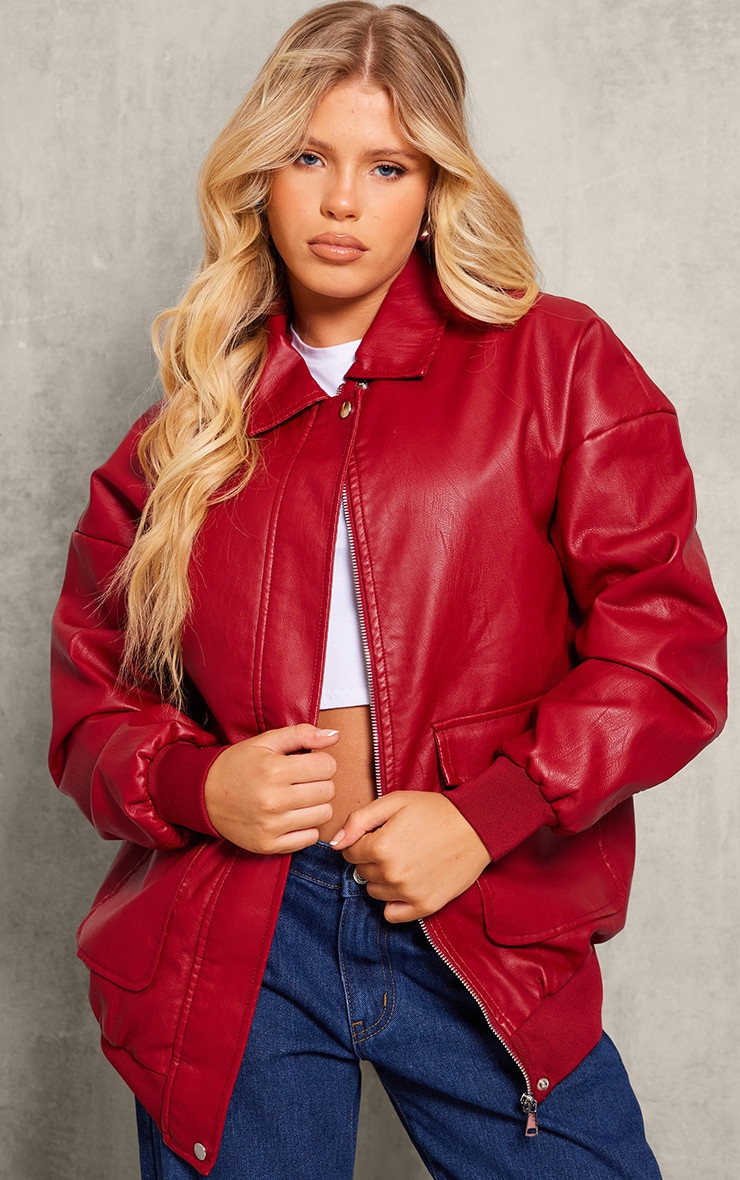 Cherry Red Textured Faux Leather Pocket Front Bomber Jacket | PrettyLittleThing UK