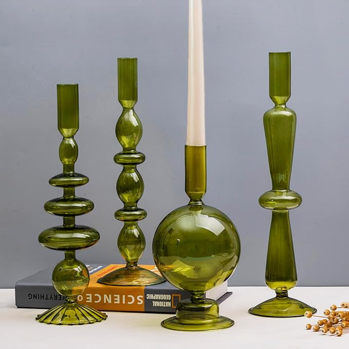 Candle Stick Candle Holder, Glass Candle Holders for Table Centerpiece, Modern Style Green Candle... | Amazon (US)