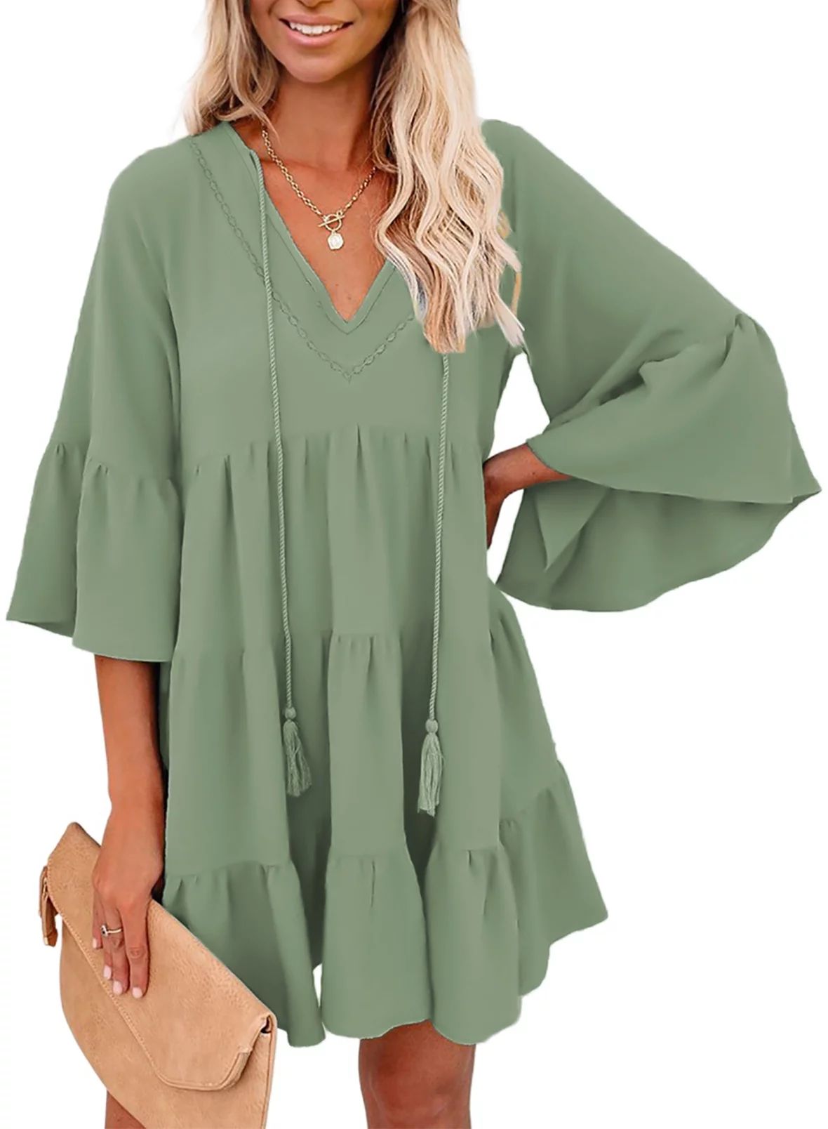 Dokotoo Women's Green Tassel Swing Mini Dresses V Neck Tunic Dress Loose Flowy Casual Bell Sleeve... | Walmart (US)