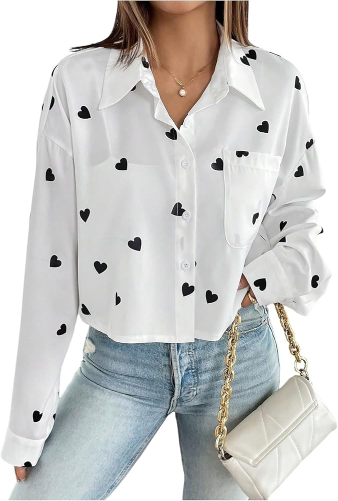 SweatyRocks Women's Button Down Heart Print Shirts Dressy Casual Shirts Collared Long Sleeve Crop... | Amazon (US)