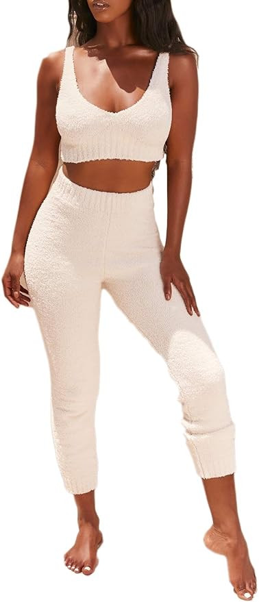 Womens Sexy Fuzzy Pajamas 2 Piece Outfit Set Warm Fleece Strap Crop Top + Wide Leg Pants Loungewe... | Amazon (US)