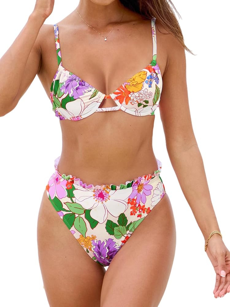 CUPSHE Women Swimsuit Bikini Set High Waisted Push Up Cheeky Drawstring Two Piece Bathing Suit | Amazon (US)