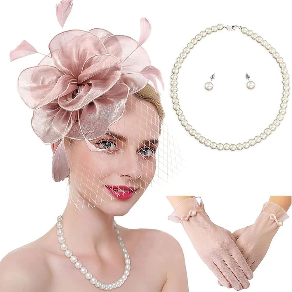 Ibeauti Fascinator Hats with Screentouch Lace Gloves Set for Women Tea Party Cocktail Wedding Der... | Amazon (US)