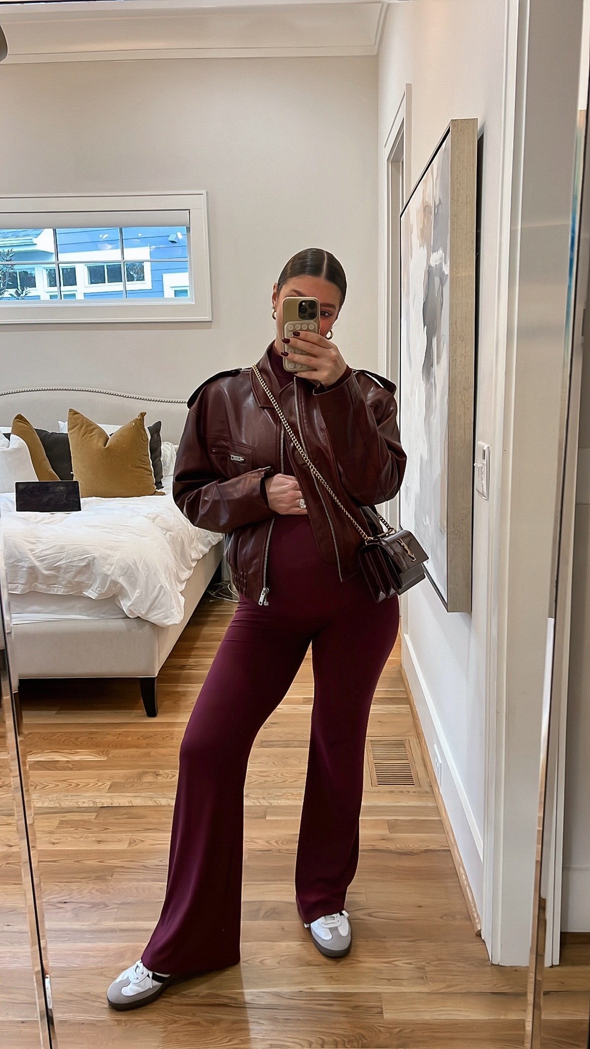 Entire outfit is on sale for Black Friday!! Another way to wear the burgundy coat. This is the color of the season 👏🏻 I’ve gotten so many compliments on this outfit & it’s comfy! Small in the bomber jacket, medium mock neck long sleeve top, large soft lounge fold over pants. 

#LTKSaleAlert #LTKBump #LTKCyberWeek