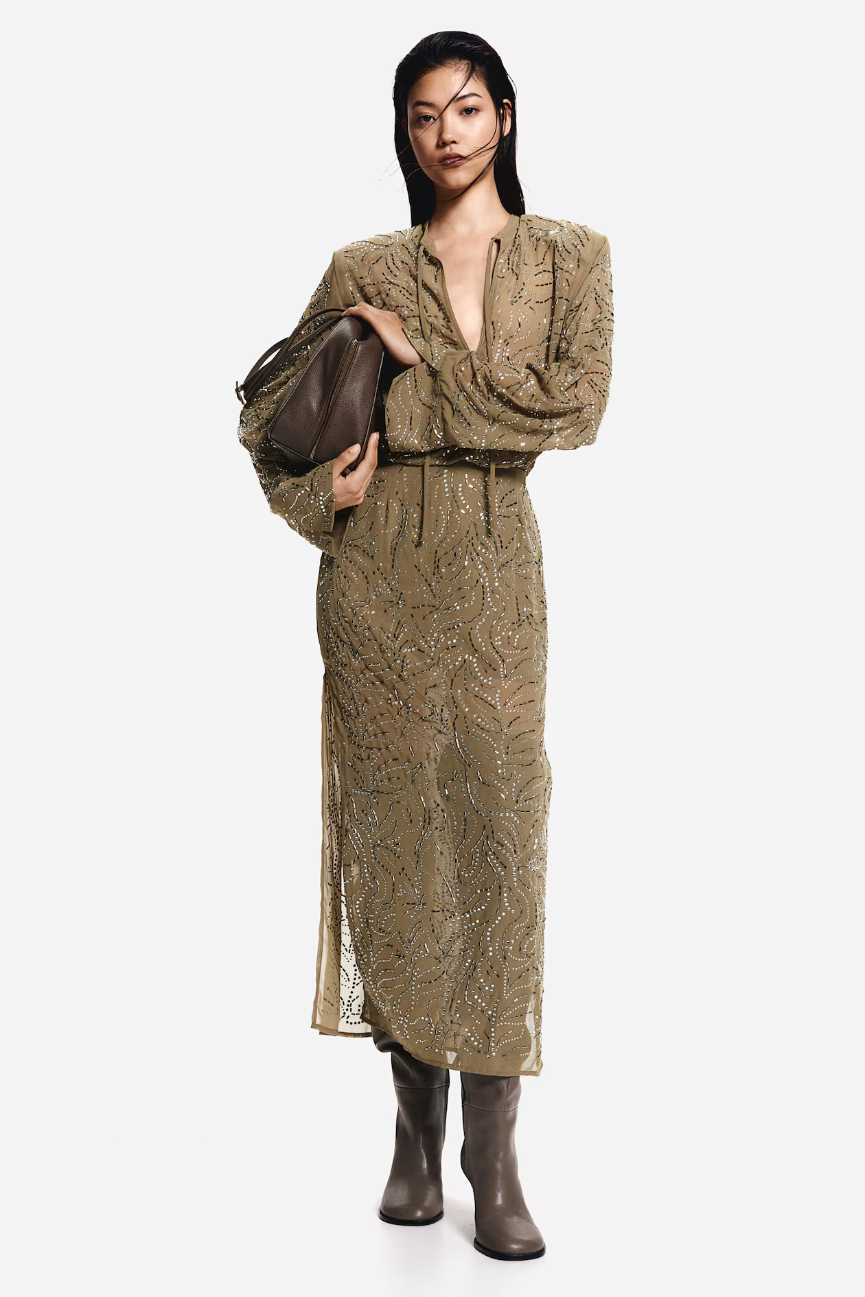 Rhinestone-Embellished Skirt - Low waist - Midi - Khaki green - Ladies | H&M US | H&M (US + CA)