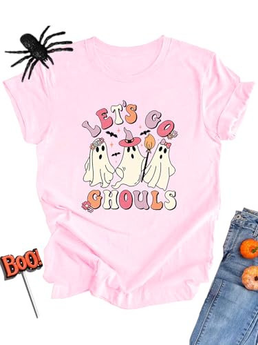 OCURHU Let's Go Ghouls Shirt Cute Boo Ghost Halloween Tshirt Spooky Season Graphic Tee Tops Light Pink XL | Amazon (US)