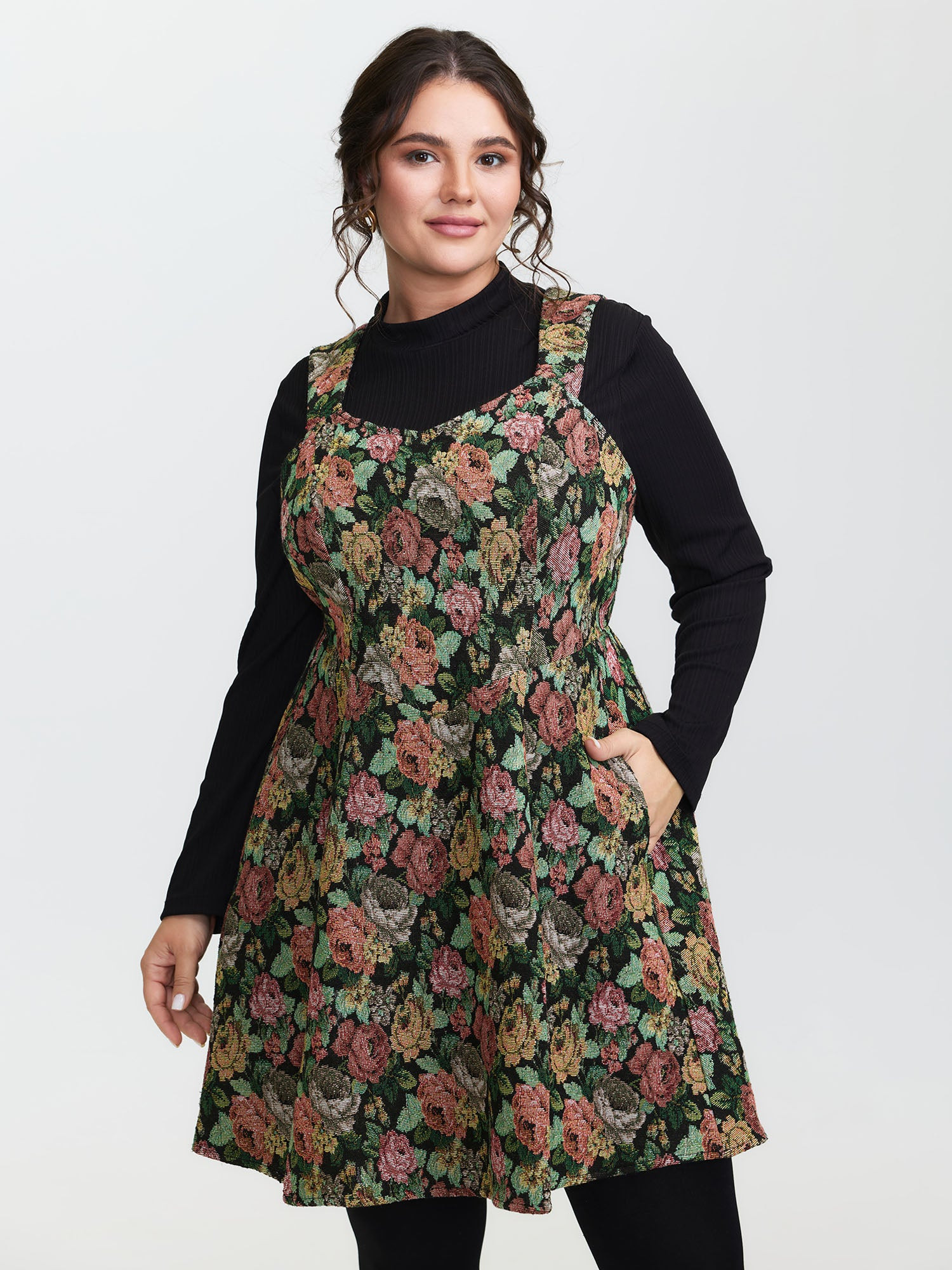 Floral Jacquard Pockets Knee-Length Dress | Bloomchic