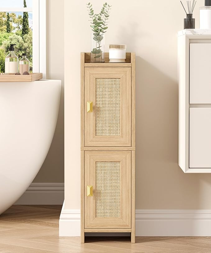 Rattan Small Bathroom Cabinet with 2 Doors, 7.9''D x 7.9''W Narrow Toilet Paper Storage Cabinet, ... | Amazon (US)