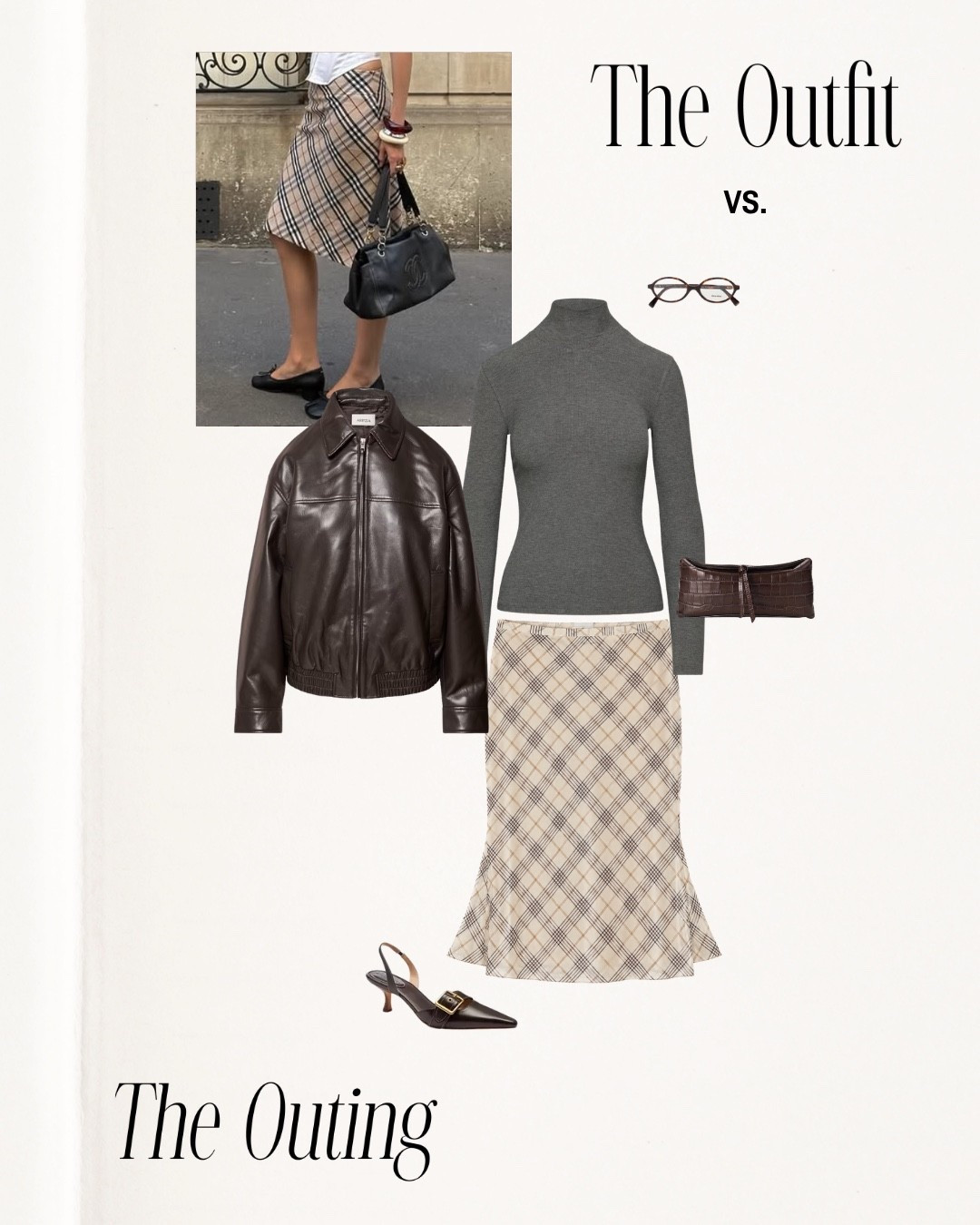 Outfit vs outting!!! fall edition 🍂 

( linking similar bag!!) 

Midi skirt, New York, leather jacket, kitten heels, fall, long sleeve, cold weather, warm, accessories, Zara, aritzia, revolve finds, Amazon finds