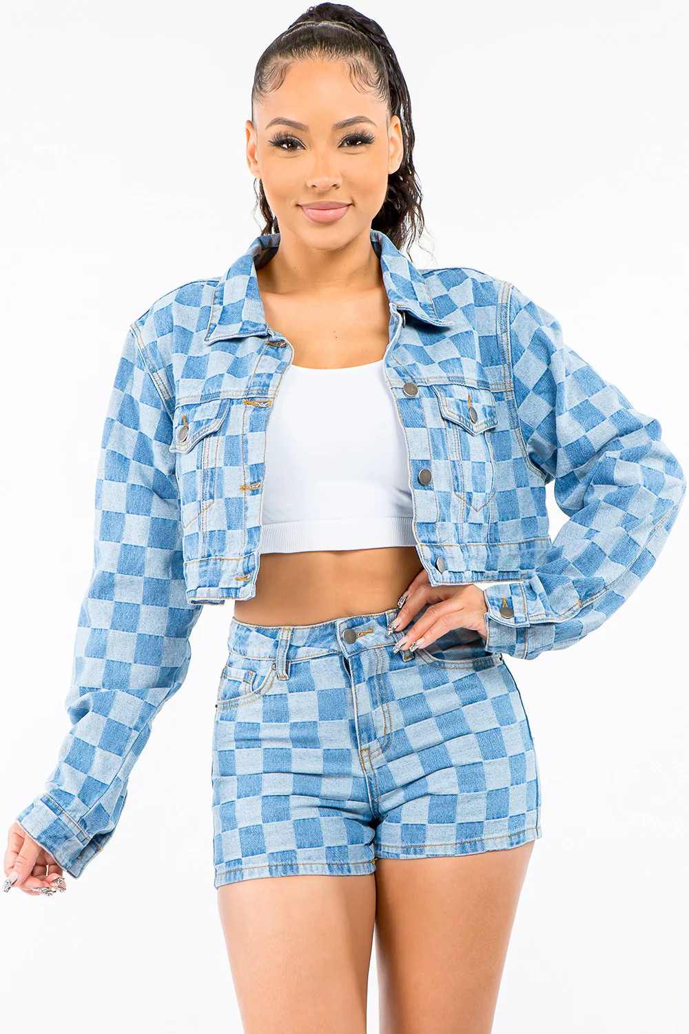Checkered Long Sleeve Cropped Denim Jacket in Blue L | Casual Chic Boutique