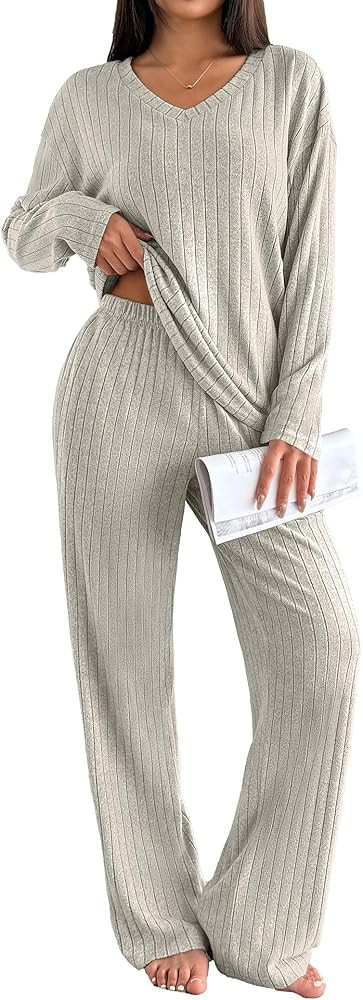 Ekouaer Lounge Sets for Women Long Sleeve Knit Ribbed Pajama Sets 2 Piece Casual Loungewear with ... | Amazon (US)