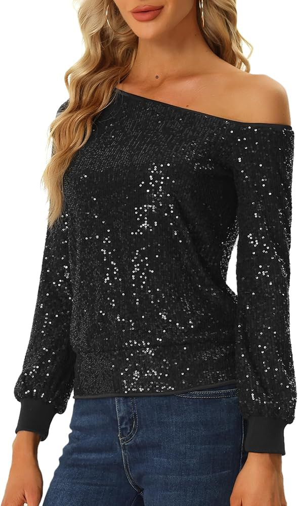 Allegra K Sparkly Sequin Top for Women's Halloween Off-Shoulder Long Sleeve Party Tops | Amazon (US)