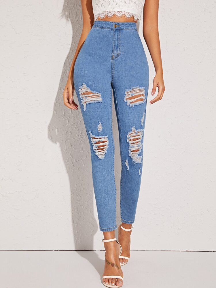 High-Rise High Stretch Distressed Skinny Jeans | SHEIN