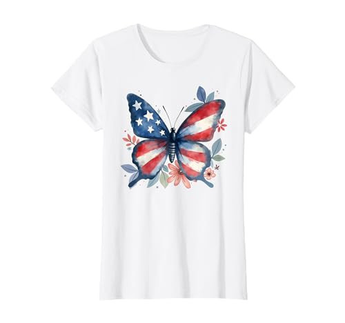 Butterfly Floral American Flag USA 4th Of July Girls Women T-Shirt | Amazon (US)
