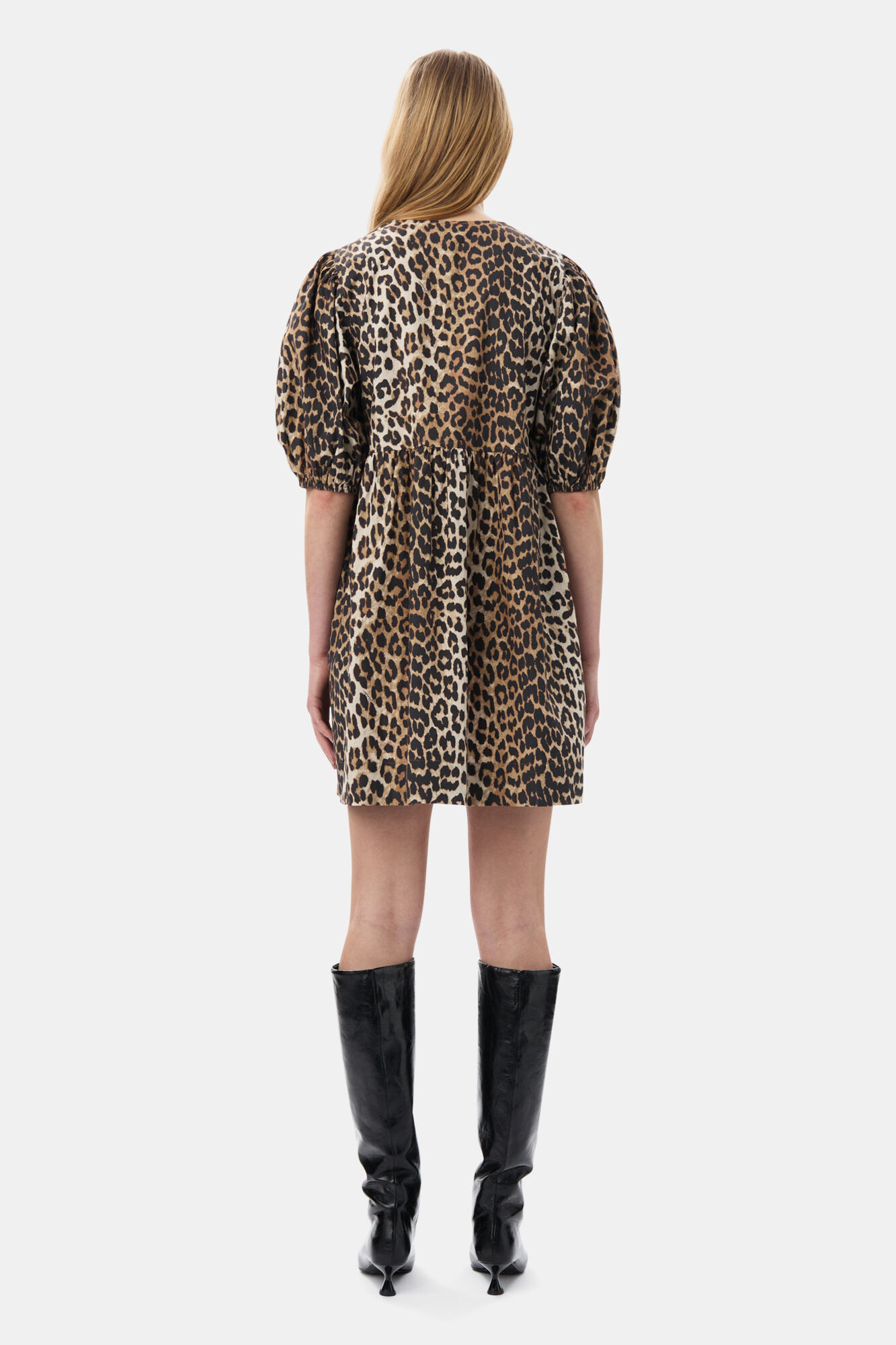 Leopard Printed Cotton Tie String Mini Dress | Ganni