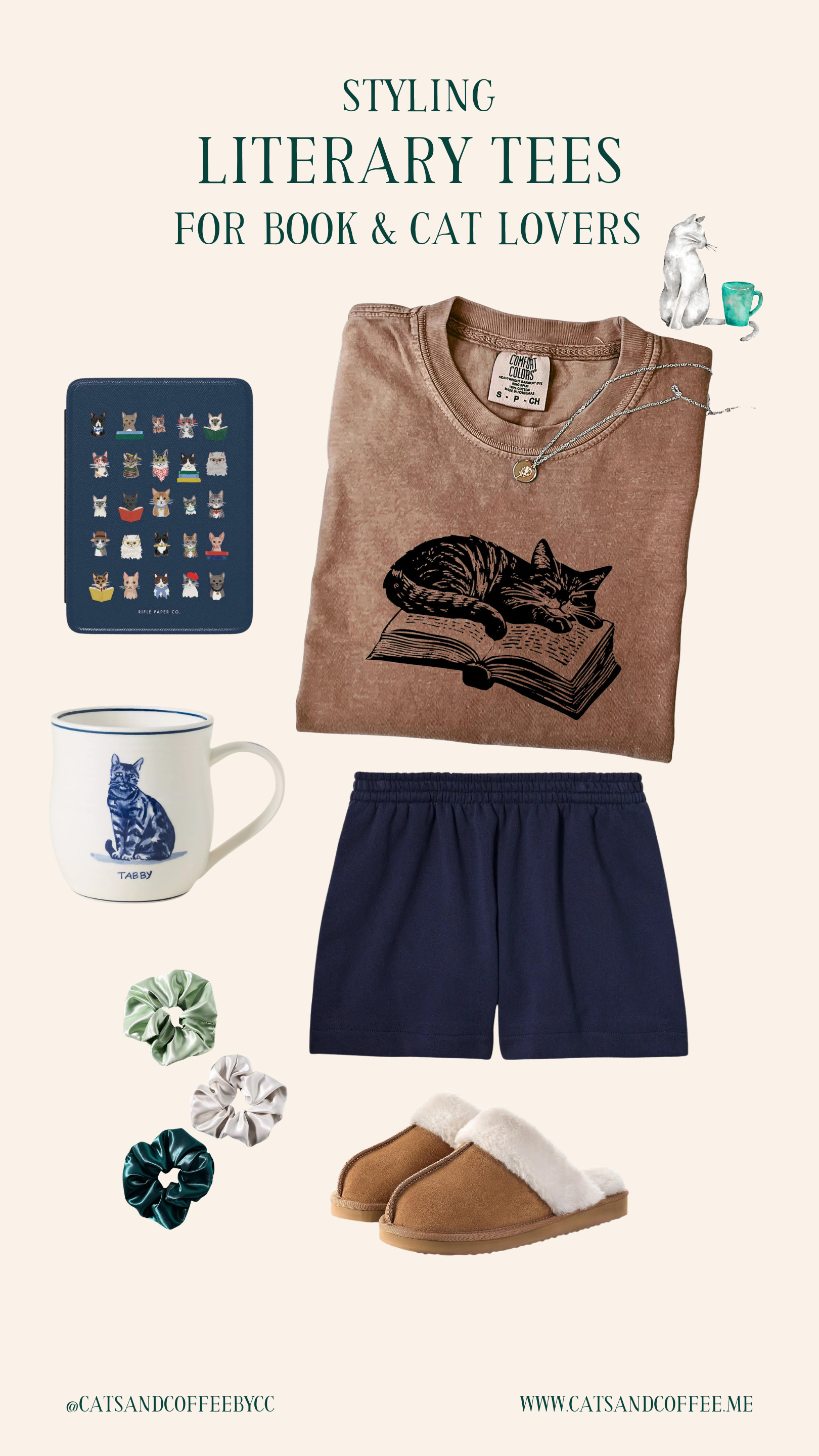 Stylish Bookish Tees For the Book & Cat Lover – This is my go-to look for easy days at home – soft and comfortable (and likely covered in cat hair, let's be real). The bookish cat tee paired with my favorite lounge shorts and fuzzy slippers is perfect for reading all day (or binge-watching your favorite show). Pair these with some adorable cat-themed accessories and just fully lean into the cat lady vibe. Shop this look here! 

 #LTKdayinmylife #LTKmorningroutine #LTKselfcare