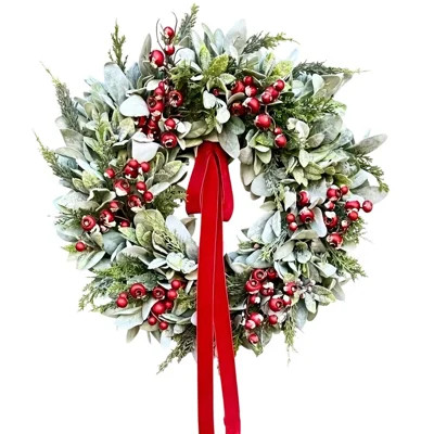 17.7 Inch Realistic Christmas Wreath with Red Berries, Winter Eucalyptus Artificial Faux Evergreen Wreath Greenery Decoration for Front Door Window Ho | Wayfair North America