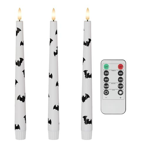 AFINETH Halloween Taper Candles with Bats, 9.6”Real Wax Flameless Taper Candles with Remote & Timer, 3 Pack Battery Operated Halloween Led Candles for Party Home Decor | Amazon (US)