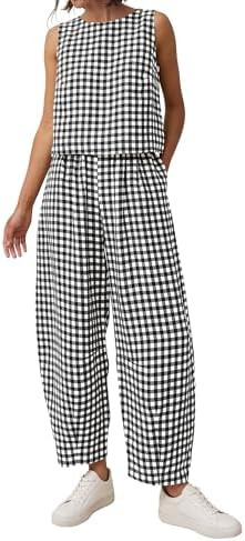PRETTYGARDEN Womens 2 Piece Sets 2026 Summer Plaid Sleeveless Tops Wide Leg Pants Matching Lounge... | Amazon (US)