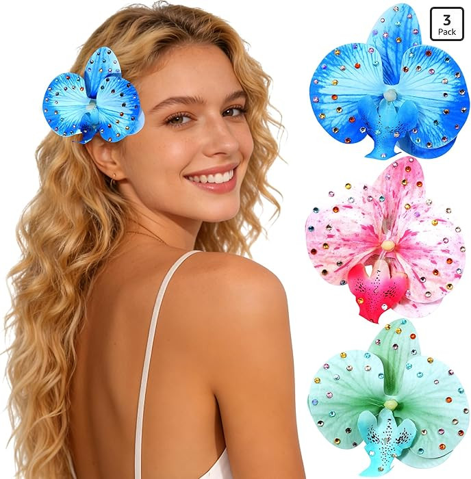 Mesovor 3 Pack Hawaiian Flower Hair Clips, Artificial Tropical Flower Orchid Hair Pin | Rhineston... | Amazon (US)