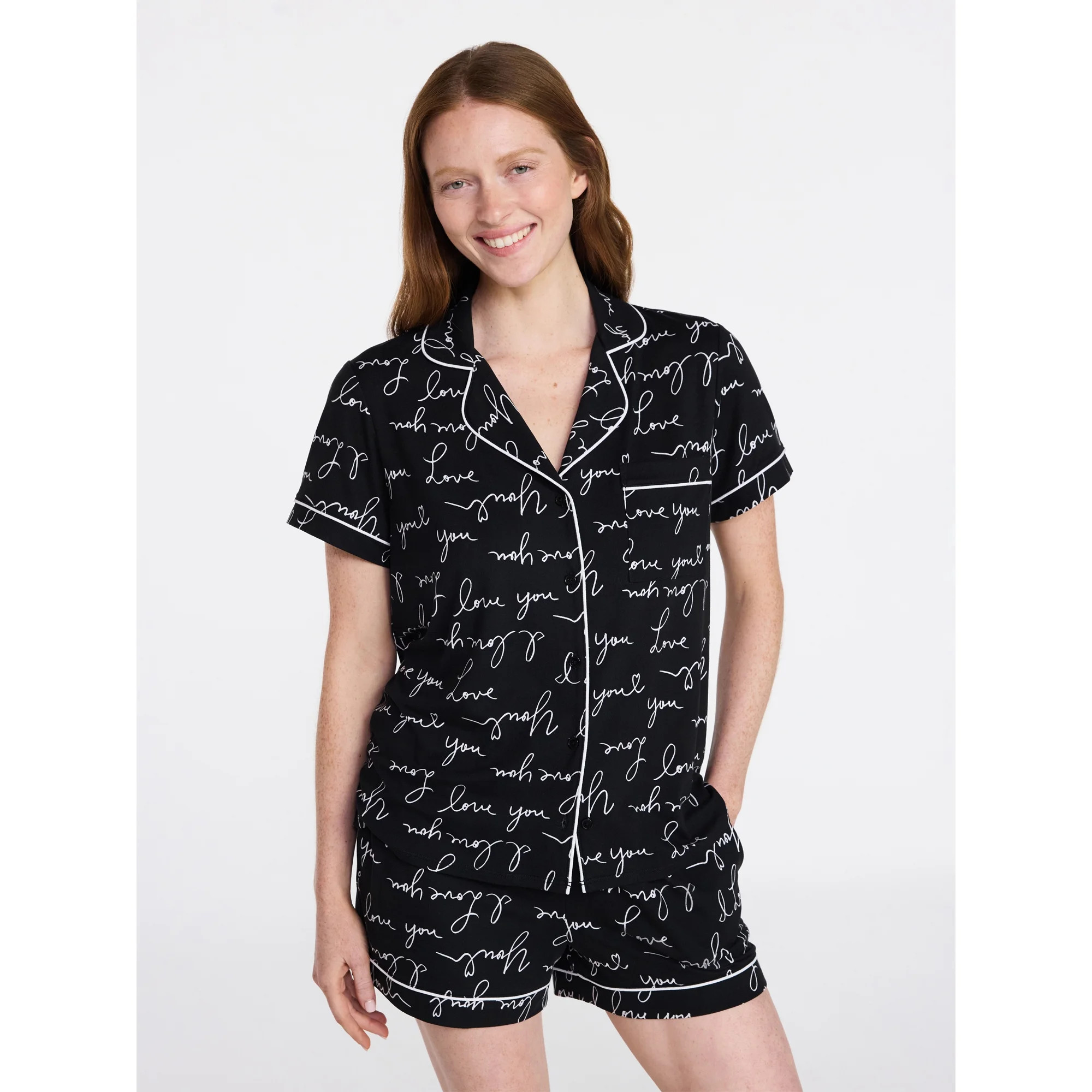 Joyspun Women's Dreamy Soft Collection Notch Top and Shorts Pajama Set, 2-Piece, Sizes XS-3X | Walmart (US)