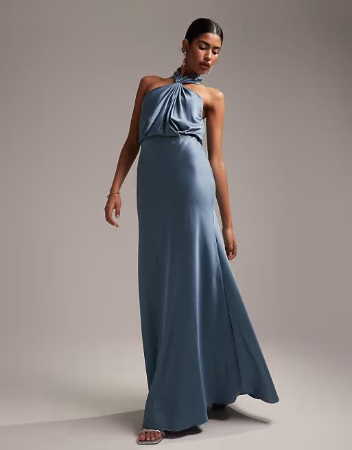 ASOS DESIGN Bridesmaid satin ruched halter neck maxi dress in dusky blue | ASOS (Global)