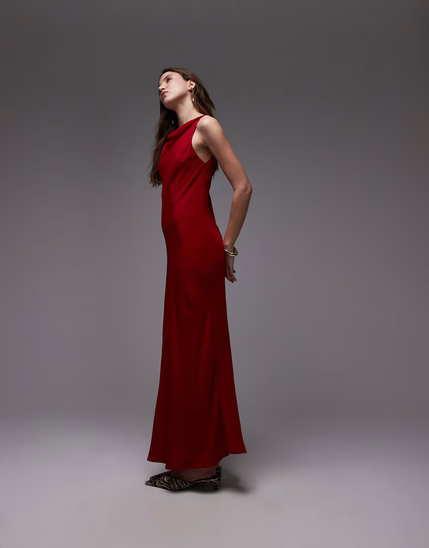 Mango satin drape neck maxi dress in red | ASOS (Global)