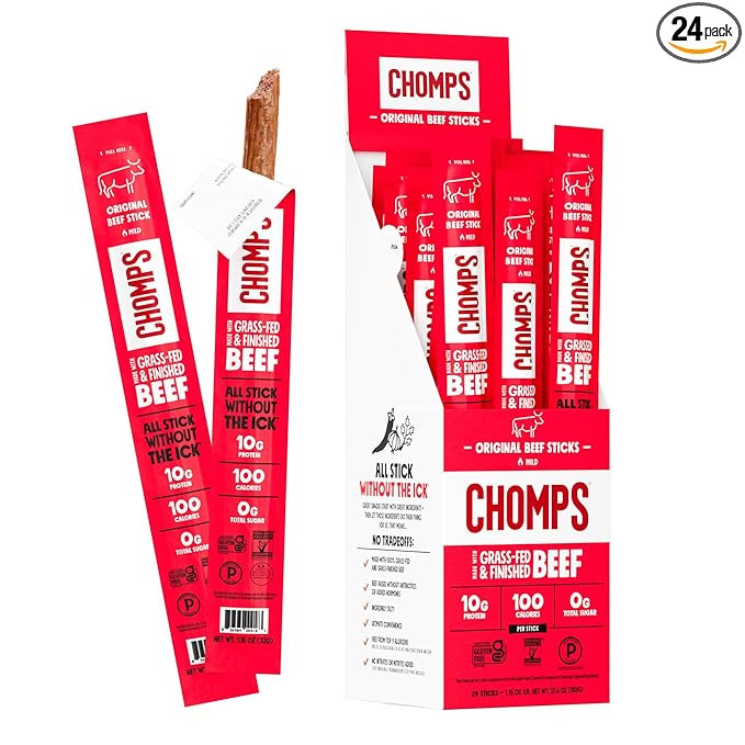 Chomps Grass-Fed and Finished Original Beef Jerky Snack Sticks 24-Pack, Keto, Paleo, Whole30, 10g... | Amazon (US)