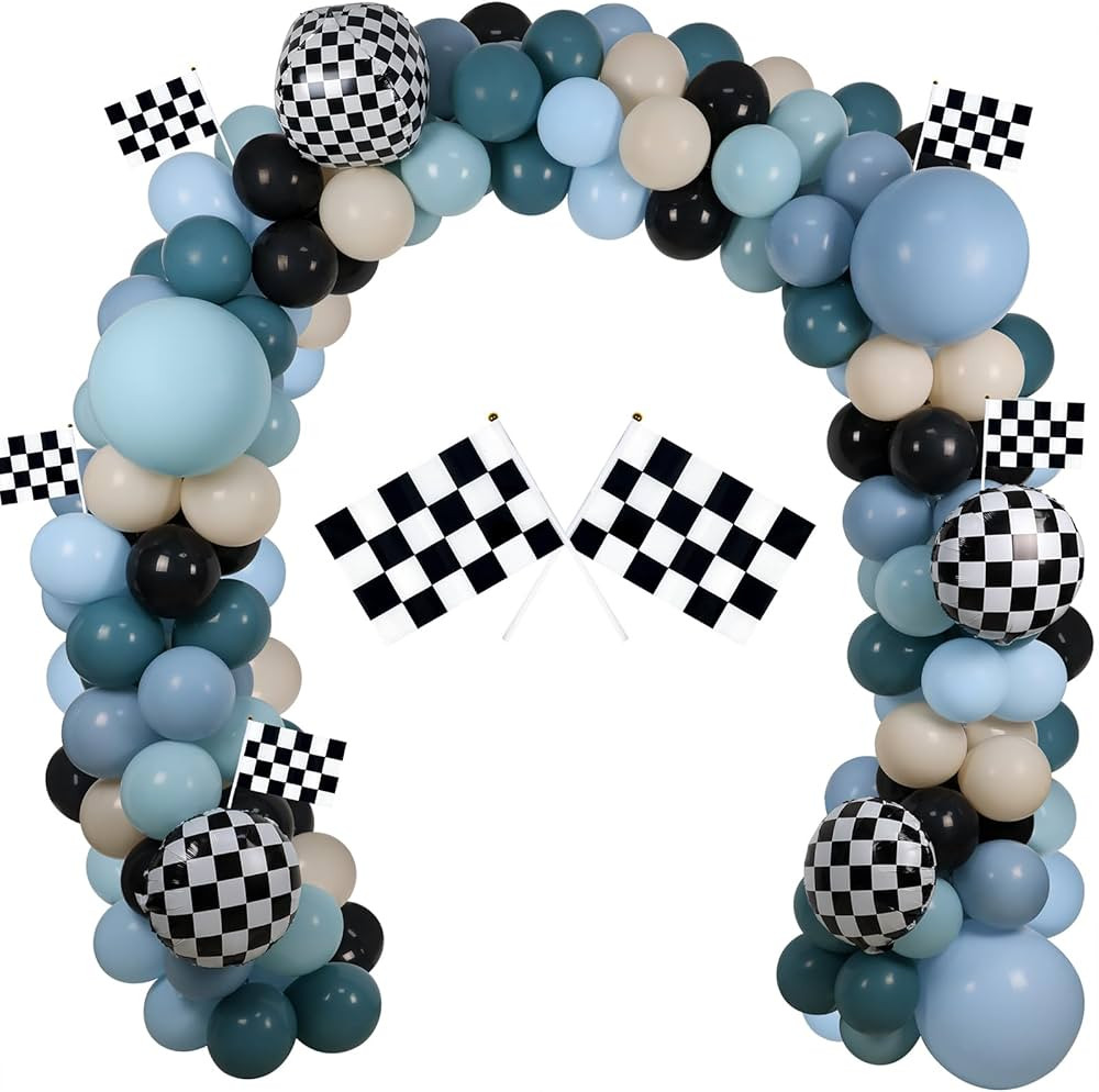 Race Balloon Garland Arch Kit, Dusty Blue Black Balloons with Checkered Balloons for Race Theme B... | Amazon (US)