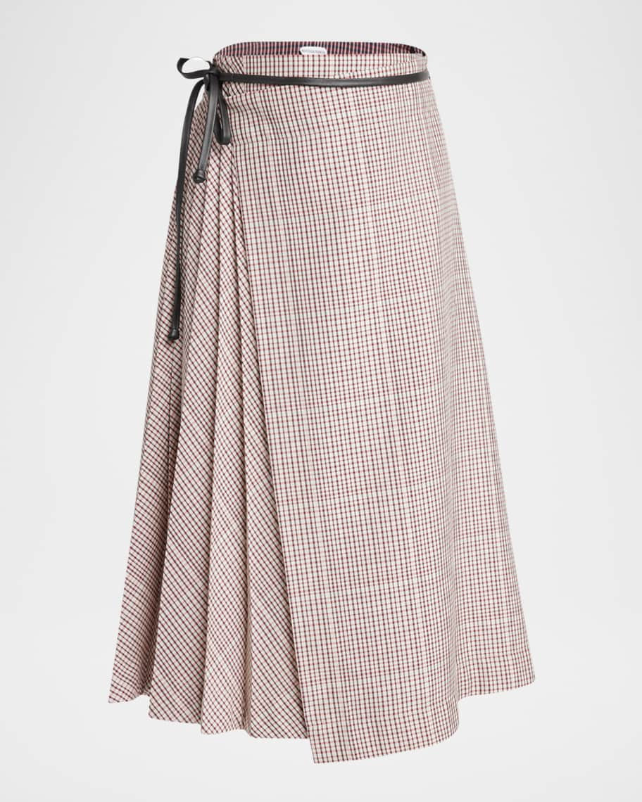 Bottega Veneta Check Pleated Midi Wrap Skirt | Neiman Marcus