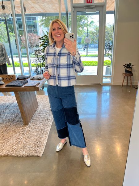 Plaid cropped jacket with silver details. Super versatile. Work or play! Snap front. Cropped wide leg patch panel denim. Run snug. Love!!! Great statement jeans. Dress them up or down. Ribbed tank. Thick and stretchy! Must have. 

#LTKover40 #LTKstyletip #LTKworkwear