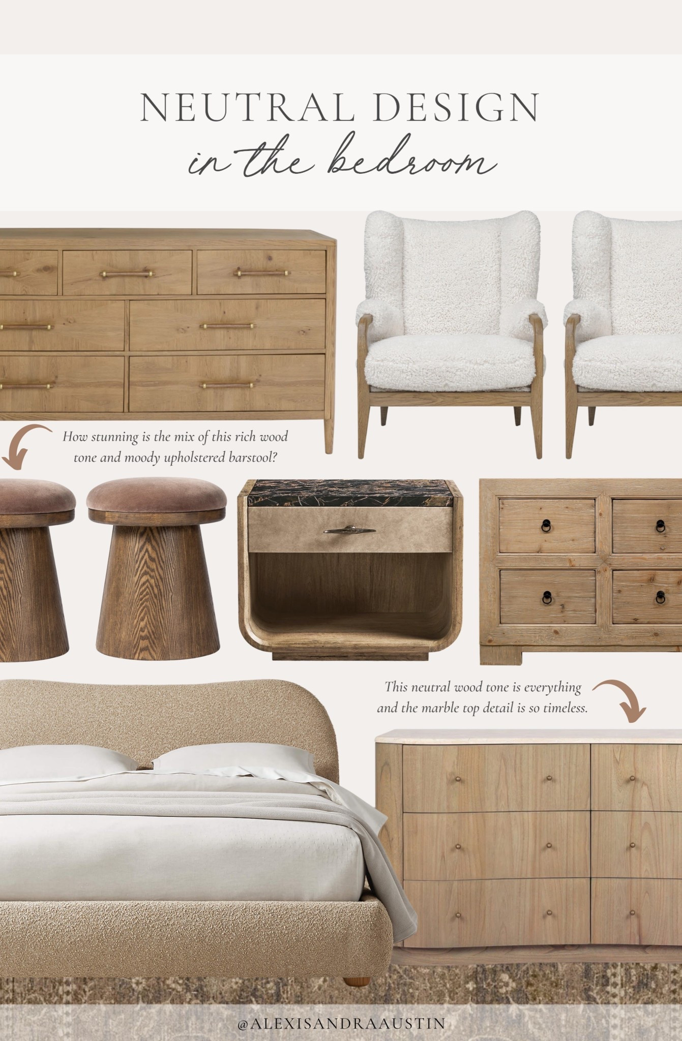 Neutral furniture favorites around the bedroom! Loving these neutral wood tones and timeless design of the stunning pieces. Perfect for a spring refresh!

Home finds, neutral home inspo, furniture favorites, bedroom refresh, collected style, dresser details, upholstered bed frame, dresser details, side table, nightstand details, marble top dresser, vintage style area rug, accent stool, Wayfair, 

#LTKHome #LTKSeasonal